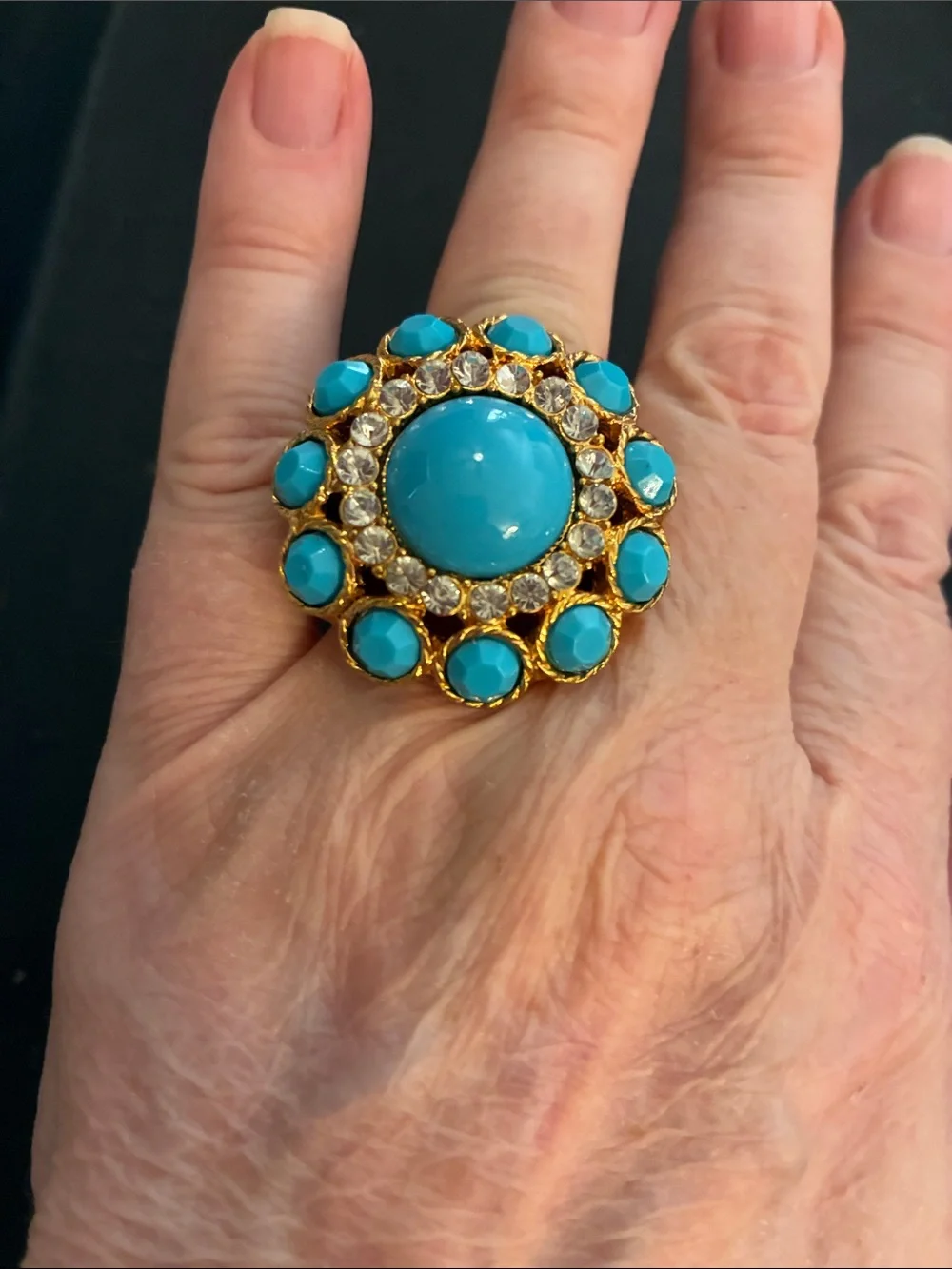 Turquoise Cabochon Statement Ring with Surrounding Clear Crystals